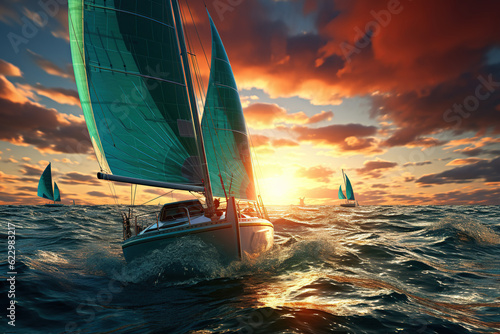 Beautiful sailboat sailing om sunset, Racing sail boat, ships race in the ocean waves, Travel and tourism at sea, AI Generative.