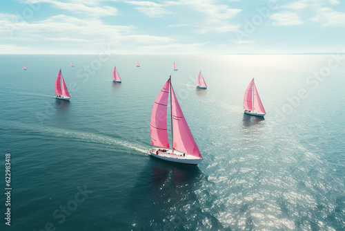 Aerial view Beautiful pink sailboats sailing in a team, Racing sail boats, ships race in the ocean waves, Travel and tourism at sea, AI Generative.
