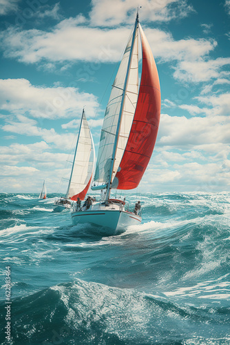 Beautiful red sailboats sailing in a team, Racing sail boats, ships race in the ocean waves, Travel and tourism at sea, AI Generative.