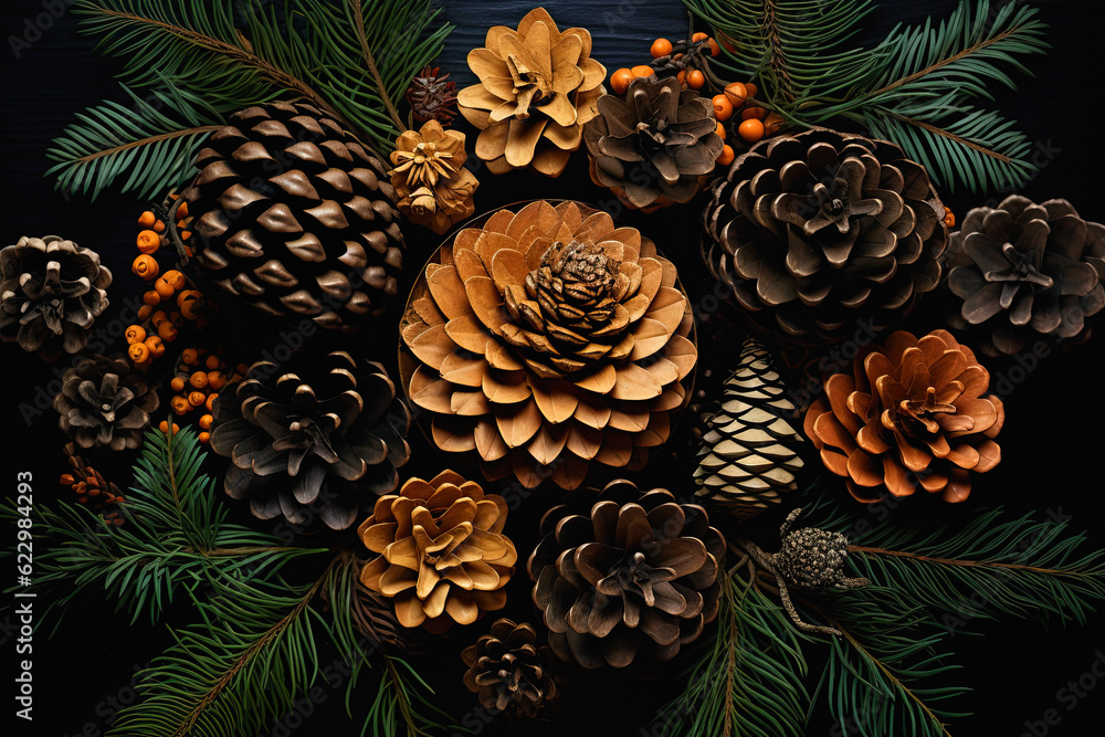 black and green tree leaves and pine cones on black background, ai generative black and green tree leaves and pine cones on black background, ai generative