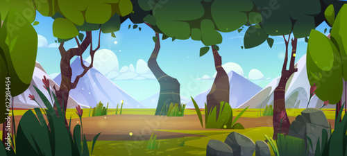 Green field in forest landscape vector background. Summer mountain cartoon illustration with tree, lawn and flower. 2d game panoramic park environment. Cute natural paradise world outdoor location