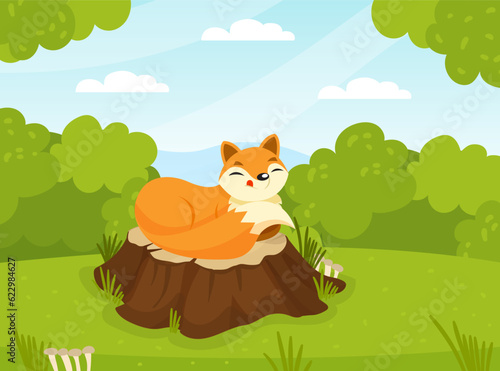 Cute Red Fox Animal with Bushy Tail Lying on Tree Stump in Green Forest Vector Illustration