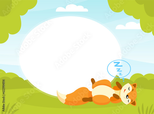 Empty Oval Card with Cute Red Fox Animal with Bushy Tail Lying on Green Grass Snoring Vector Illustration