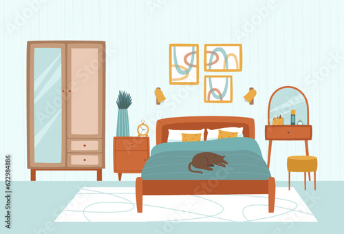 Bedroom with double bed, wardrobe and dressing table. Paintings, flower and carpet decorate the bedroom. The cat is resting on the bed. Flat vector illustration.