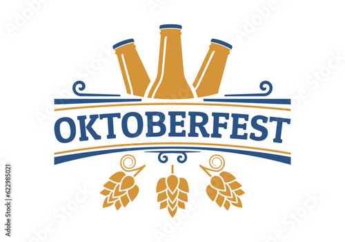 Oktoberfest logo or label with beer bottles. Bavarian festival vintage design. October fest emblem, poster or banner template. Traditional German, Munich fest retro badge. Vector illustration.