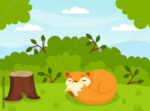 Cute Red Fox Animal with Bushy Tail Lying on Green Grass in Forest Vector Illustration