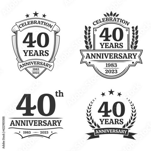 40 years anniversary icon or logo set. Vintage birthday banner design. 40th anniversary jubilee celebration badge or label collection. Vector illustration.
