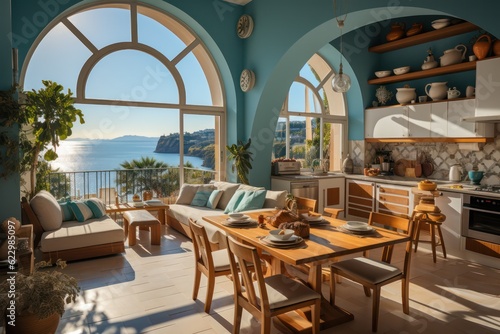 A detailed view offers a peek into a luxurious modern villa's grand windows on a Greek island, revealing a stylish living room..