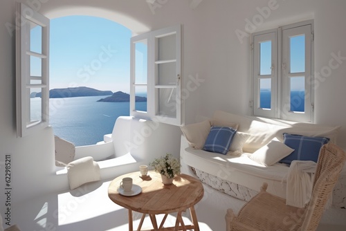 A detailed view features a luxurious modern villa s living room in Greece with grand windows and designer furnishings.