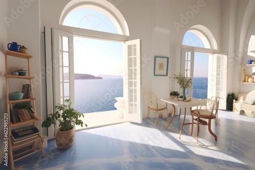 A detailed view features a luxurious modern villa s living room in Greece with grand windows and designer furnishings.