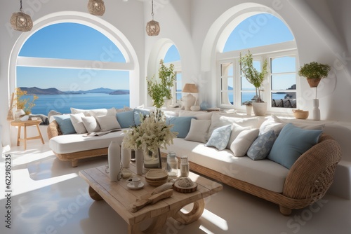 Close-up detail offers a glimpse into a luxurious modern villa's grand windows in the Mediterranean, revealing an opulent living room. © aboutmomentsimages
