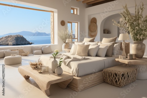 Close-up detail offers a glimpse into a luxurious modern villa's grand windows in the Mediterranean, revealing an opulent living room. © aboutmomentsimages