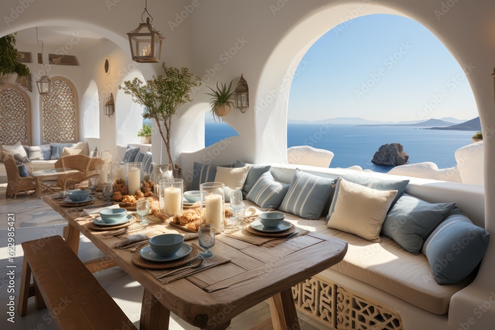 a luxurious modern villa's grand windows on a Greek island, revealing a stylish living room.