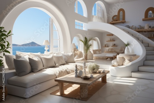a luxurious modern villa's grand windows on a Greek island, revealing a stylish living room. © aboutmomentsimages
