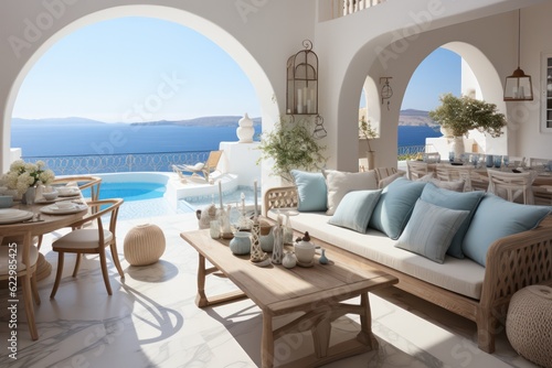 a luxurious modern villa's grand windows on a Greek island, revealing a stylish living room.