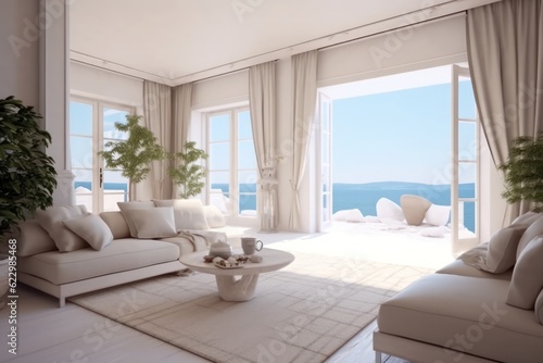 A wide view provides a look into a luxurious modern villa s grand windows in Greece  revealing a plush living room.