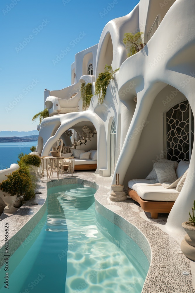 Exterior design of a Greek villa, featuring white stairs, sea views, and clear water under a clear blue sky.....