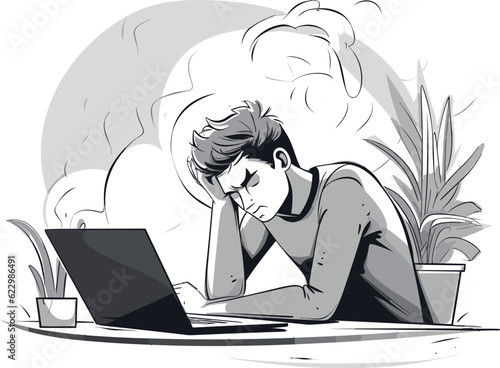 Burned Out Office Worker Illustration: Sleepy, Overwhelmed, and Frustrated Male Character