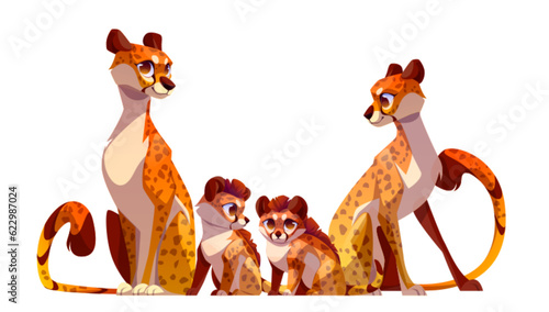 Cheetah cat family isolated vector illustration. Africa animal leopard adorable baby with adult mother and father cartoon. Exotic character game asset clipart with long tail and smile. Cub near mom