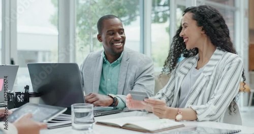 Wallpaper Mural Celebration, laptop and business people with credit card in office for payment, purchase and online banking. Corporate, teamwork and man and woman high five on computer for finance budget and saving Torontodigital.ca