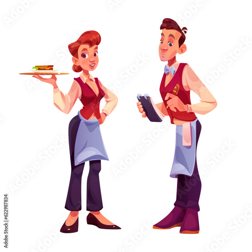 Restaurant waiter character cartoon vector set. Kitchen service or catering hospitality worker in apron holding sandwich on plate and notepad. Man and woman employee team in uniform isolated design