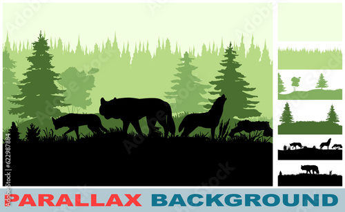 Pack of wolves in meadow at edge of forest. Landscape with predators. Picture layers parallax effect. Nice silhouette. Vector image isolated background.
