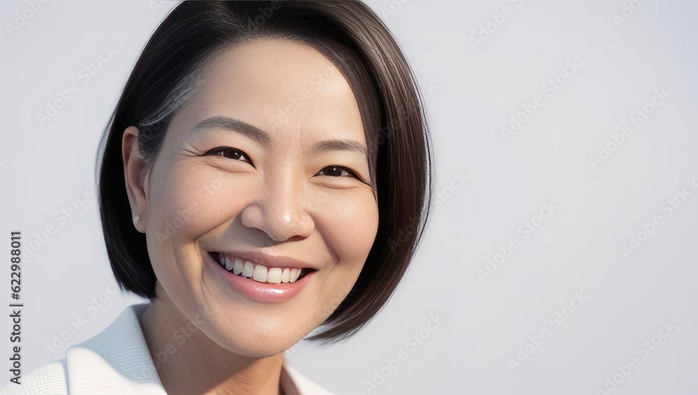 Portrait beautiful Asian model woman with white teeth smile, healthy long hair and beauty skin on grey background. Generative AI Portrait beautiful Asian model woman with white teeth smile, healthy long hair and beauty skin on grey background. Generative AI