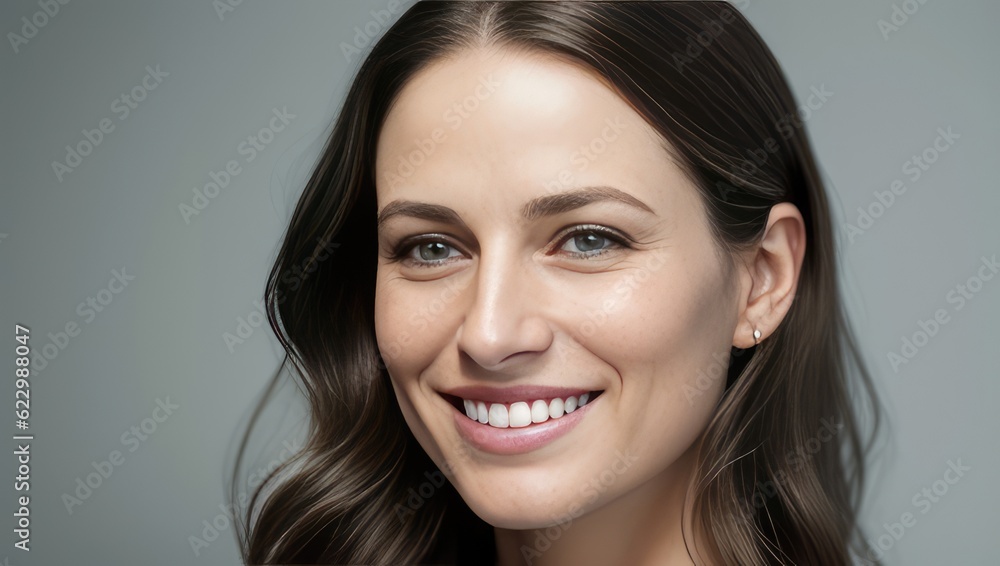 Portrait beautiful model young woman with white teeth smile, healthy long hair and beauty skin on grey background. Generative AI Portrait beautiful model young woman with white teeth smile, healthy long hair and beauty skin on grey background. Generative AI