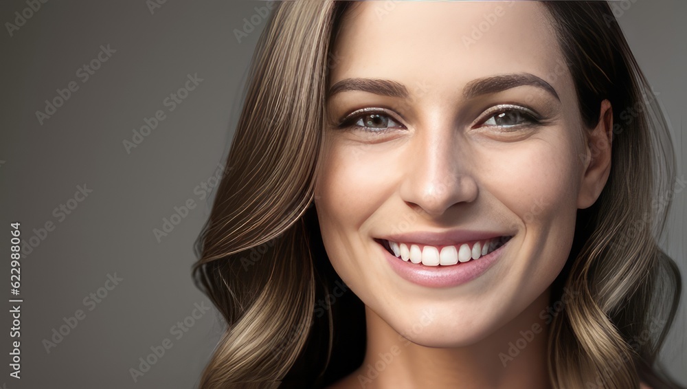 Portrait beautiful model young woman with white teeth smile, healthy long hair and beauty skin on grey background. Generative AI Portrait beautiful model young woman with white teeth smile, healthy long hair and beauty skin on grey background. Generative AI