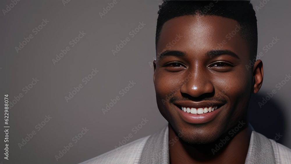 Portrait beautiful black skin young man with white teeth smile, healthy long hair and beauty skin on grey background. Generative AI Portrait beautiful black skin young man with white teeth smile, healthy long hair and beauty skin on grey background. Generative AI