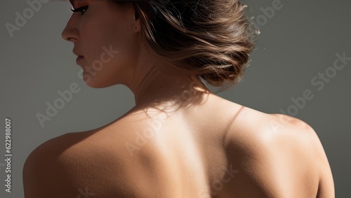 Back view model young woman on grey background. Generative AI
