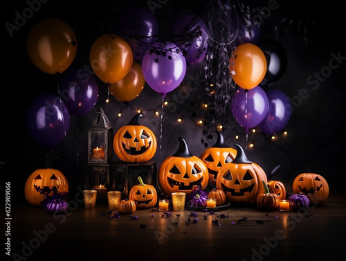 Trick or treat party and Pumpkin Jack-O-Lantern surrounded by halloween decor