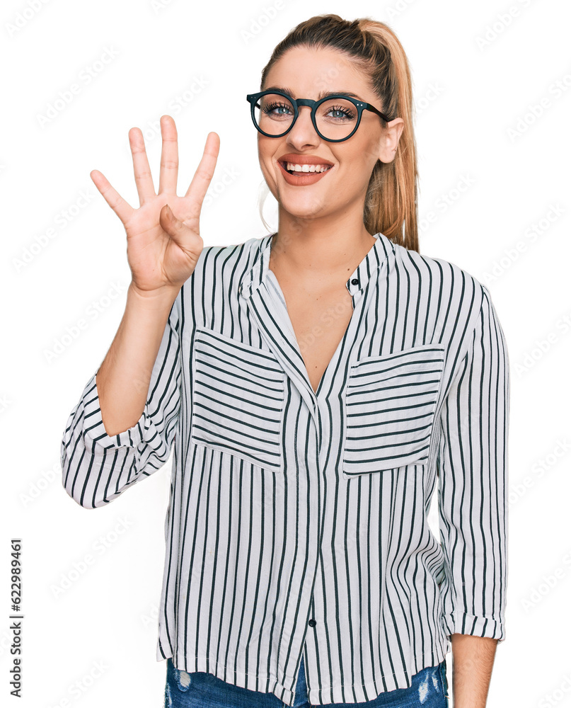Young caucasian woman wearing business shirt and glasses showing and pointing up with fingers number four while smiling confident and happy. Young caucasian woman wearing business shirt and glasses showing and pointing up with fingers number four while smiling confident and happy.