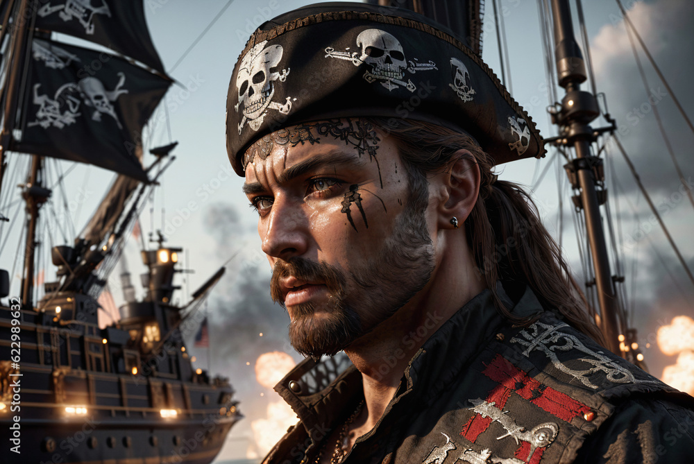 Fototapeta premium close up of one eye blind pirate man with beard some tattoo wearing black hat with skulls and black red west, some battle ships firing guns in background, generative AI
