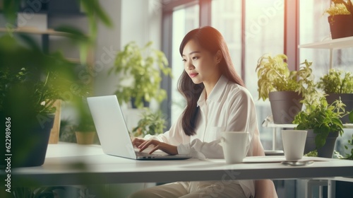 A beautiful Asian woman in a white office with plants working on a laptop. © Pro Hi-Res