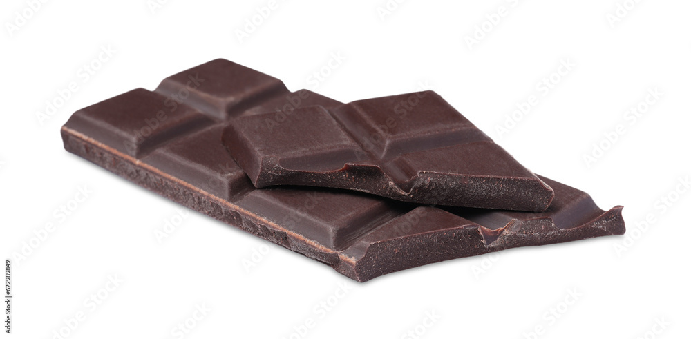 Pieces of delicious dark chocolate bar on white background Pieces of delicious dark chocolate bar on white background