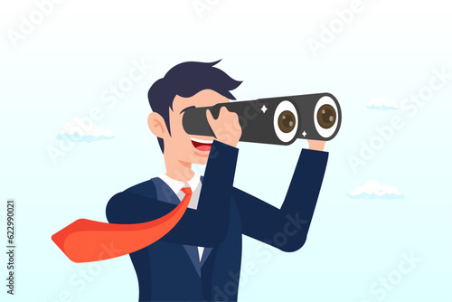 Curious businessman look through binoculars with big eyes, observation, search for opportunity, curiosity or surveillance, inspect or discover new business, job search or hr finding candidate (Vector)