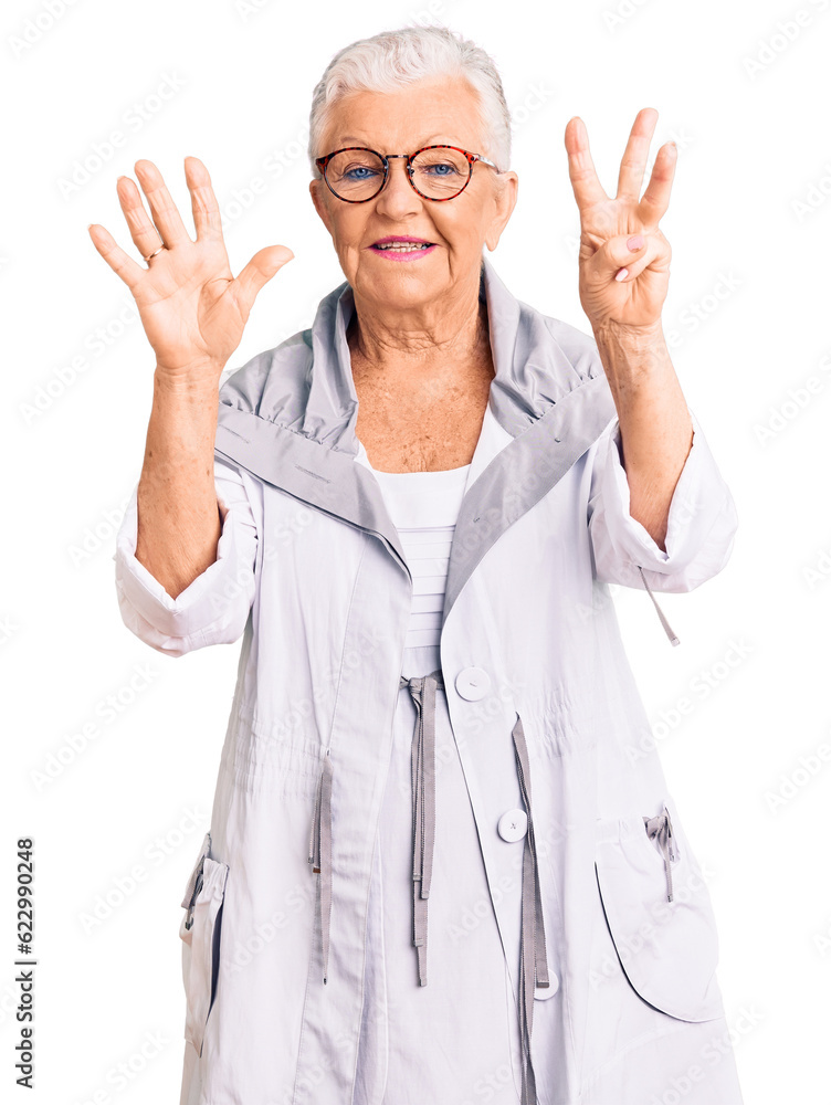 Senior beautiful woman with blue eyes and grey hair wearing casual clothes and glasses showing and pointing up with fingers number eight while smiling confident and happy. Senior beautiful woman with blue eyes and grey hair wearing casual clothes and glasses showing and pointing up with fingers number eight while smiling confident and happy.
