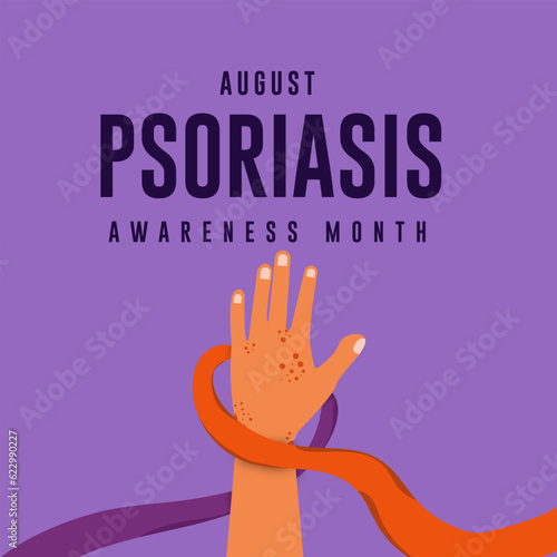 Psoriasis awareness month concept. Orange and purple color ribbons are isolated on Purple background. Poster web banner design.