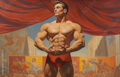 bodybuilder vintage circus painting made with generative ai