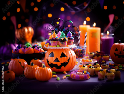 Trick or treat party and Pumpkin Jack-O-Lantern surrounded by halloween decor