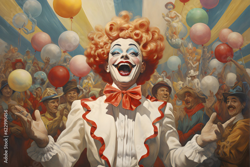 Print op canvas happy female clown in crowd vintage circus painting made with generative ai