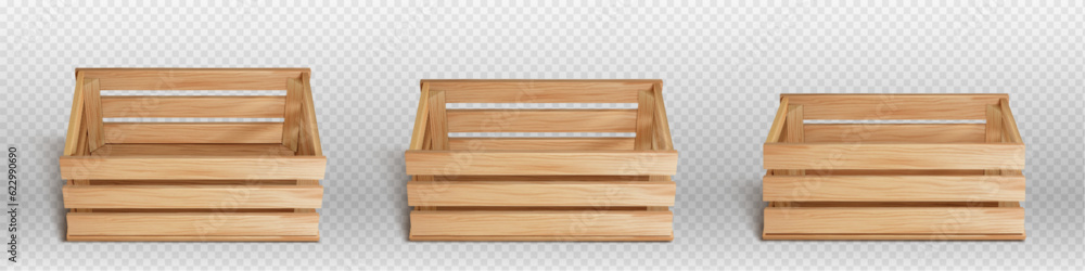 3d vector empty wooden crate box for vegetable or fruit. Realistic render farm basket isolated on background. Timber pallet for harvest different view clipart. Natural wood texture packaging design