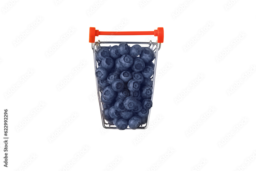 Shopping cart filled with blueberries isolated on transparent background. Healthy shopping and eating concept.