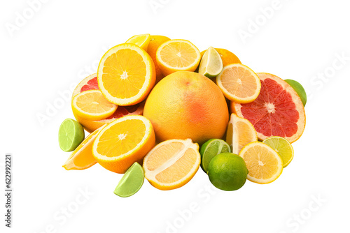 Citrus fruits (orange, lemon, grapefruit, lime) isolated on transparent background. Summer concept. Set of tropical fruits