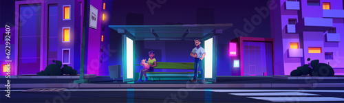 Night neon city bus station with waiting people vector illustration. Woman with dog sitting on bench near highway on pavement and man. Outdoor panoramic scene with cityscape architecture front view
