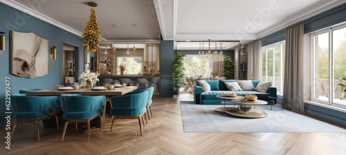 a new home with a large open living room, in the style of photorealistic details, light gold and azure, generative AI