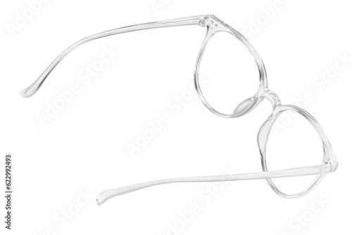 Stylish glasses with transparent frame isolated on white