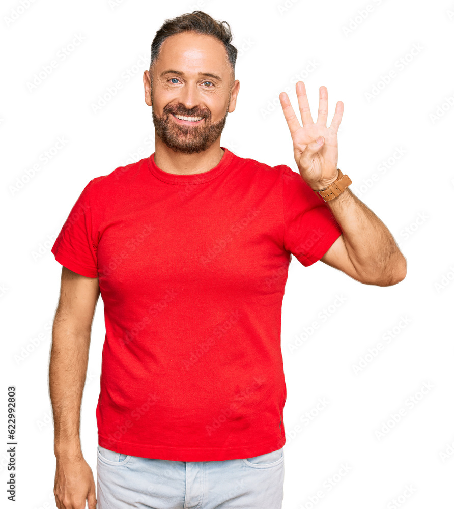 Handsome middle age man wearing casual red tshirt showing and pointing up with fingers number four while smiling confident and happy. Handsome middle age man wearing casual red tshirt showing and pointing up with fingers number four while smiling confident and happy.