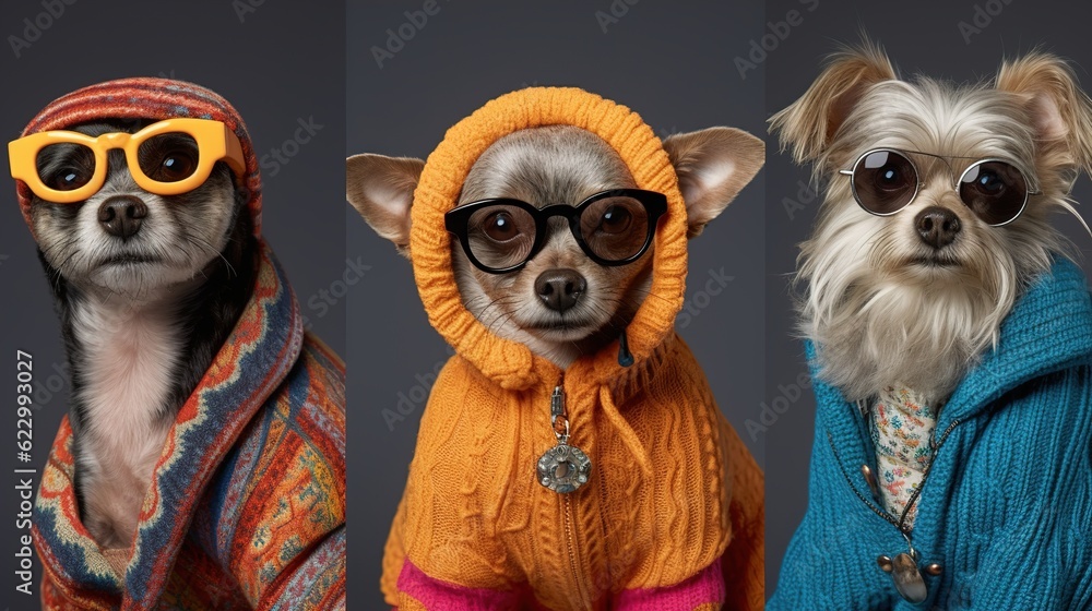 Fashionable animals in glasses. Yorkshire terrier in beautiful clothes. Glamor fashionable dog in a fur coat and glasses. Designer clothes for dogs. Generative ai.